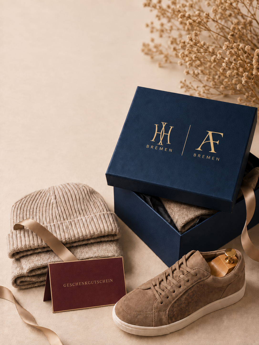 Geschenkbox mit Gutschein, Strick, Tuch und Schuhen in den Farben von S&H Kontor Tailoring