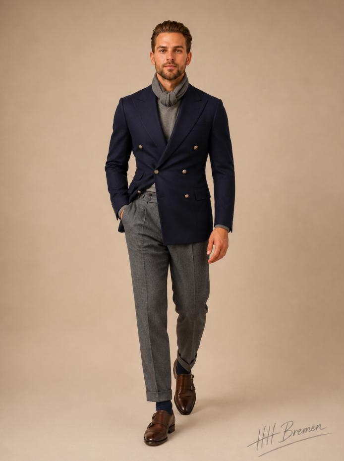 HH Bremen Look mit navyfarbenem Doppelreiher, Rollkragen und grauer Hose