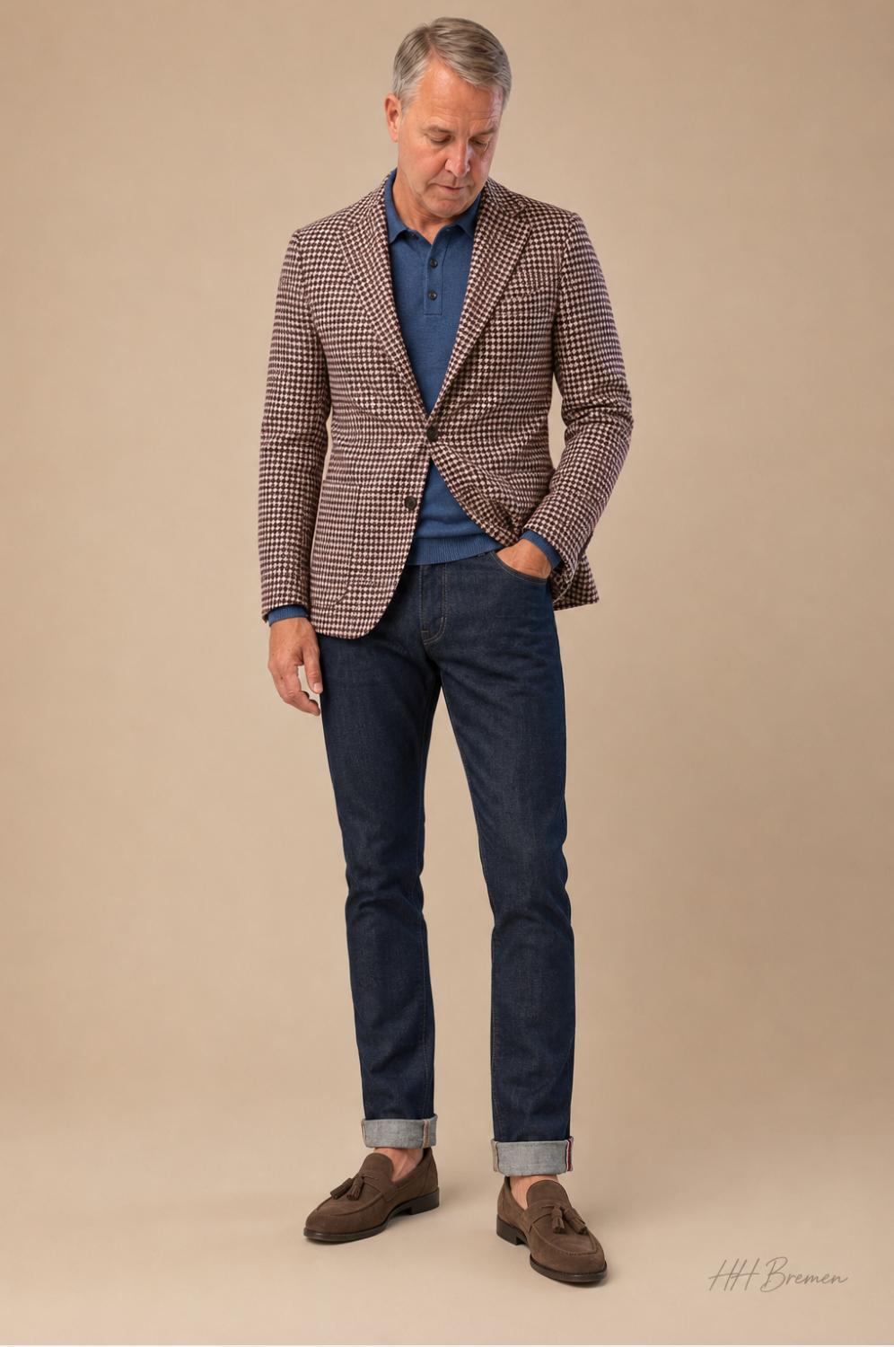 HH Bremen Sportswear-Look mit gemustertem Sakko, Polo und Denim
